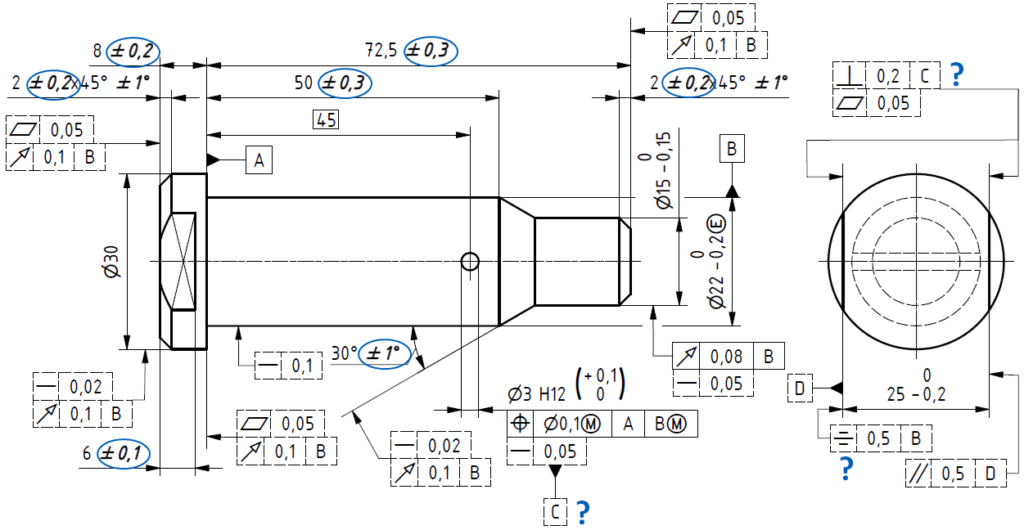 Obr. 2 - Ukázková součást z ISO 2768 po aplikování ISO 2768-mK (všeobecné geometrické tolerance vyznačeny čárkovaně a všeobecné rozměrové tolerance kurzívou).