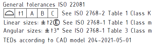 Obr. 3 - Príklad aplikace všeobecných geometrických a rozměrových tolerancí/specifikací dle ISO 22081 - Varianta č. 3 (model ala DIN)
